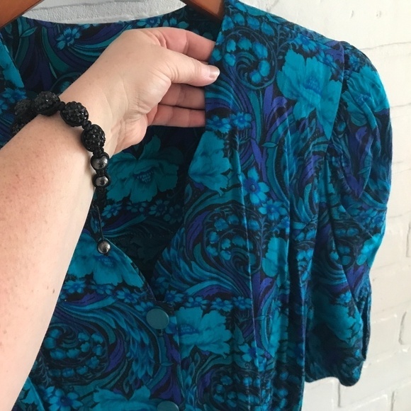 Vintage Mini Dress Sweetheart neck Cobalt Blue/turquoise Paisley Floral print M - Picture 8 of 8